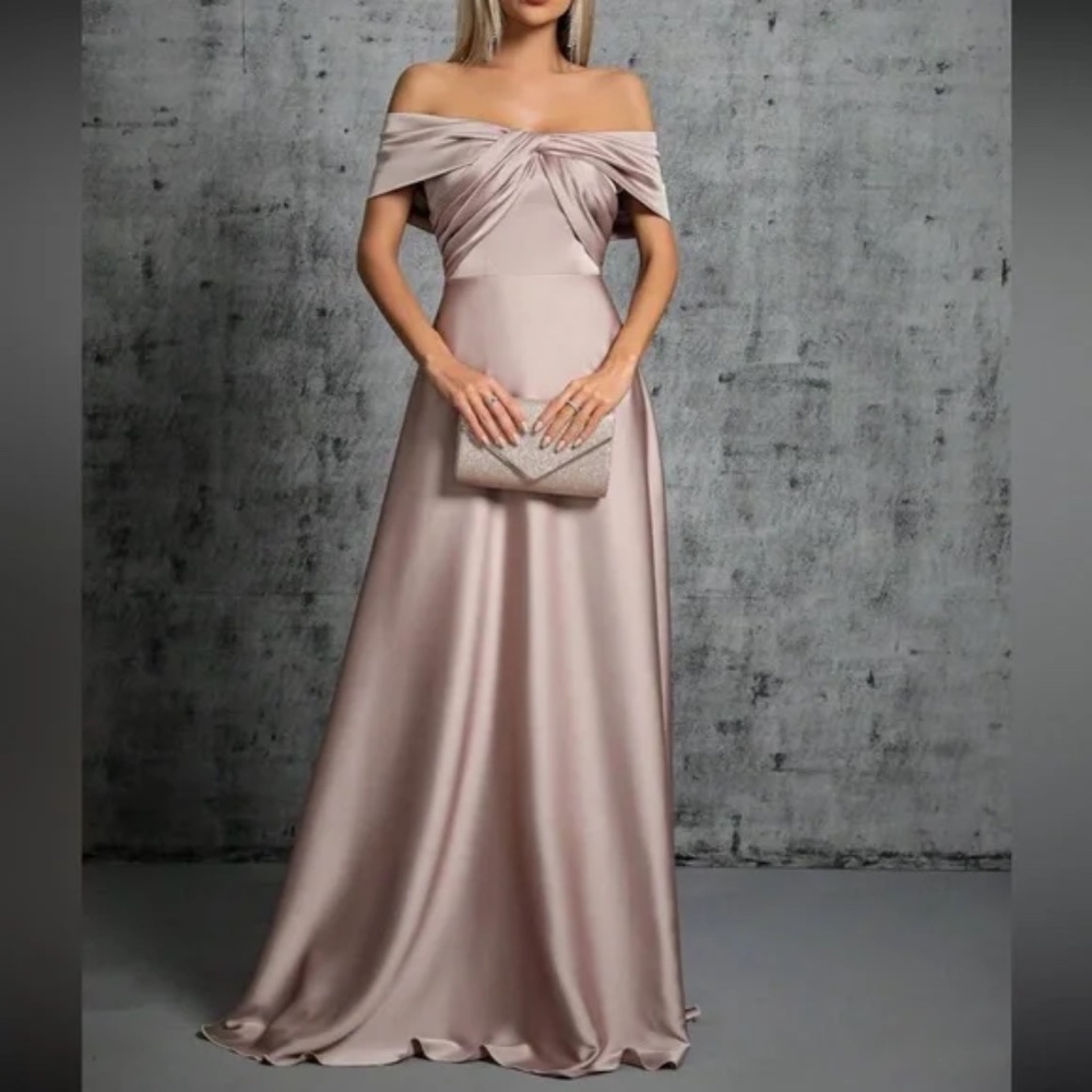 Luxe Satin Off Shoulder Evening Prom Party Formal Wedding Dress - Picture 14 of 16